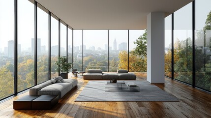 Serene Modern Living Room with Floor-to-Ceiling Windows and Minimalist Decor