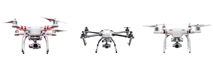 Set of A drone soaring through a clear white sky Isolated on Transparent Background