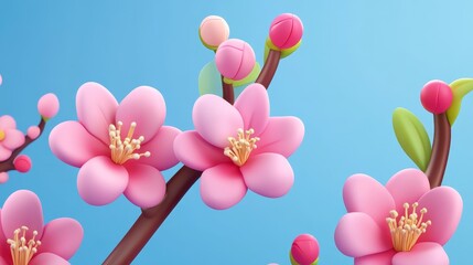 Obraz premium Vibrant pink flowers bloom against a serene blue backdrop, showcasing nature's beauty and charm.