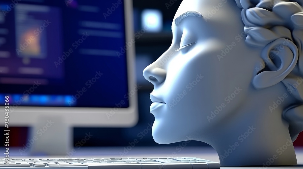 Aufkleber a 3d model of a human head in profile view, set against a computer screen, symbolizing technology an