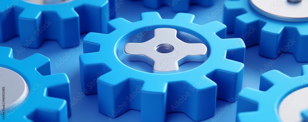 Poster a close-up view of blue gears interlocking on a surface, showcasing precision and engineering in a m