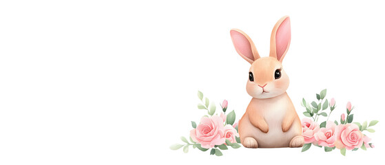 Cute Watercolor Bunny with Pink Roses Illustration