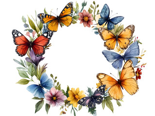 Fototapeta premium Watercolor Butterfly Floral Wreath Illustration