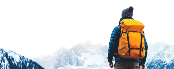 Mountain climber with backpack viewing snow-covered peaks, cut out