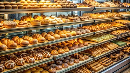A variety of delicious baked goods temptingly displayed in a supermarket bakery section