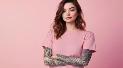 Young woman with sleeve tattoos poses confidently in a pink tee against a plain background