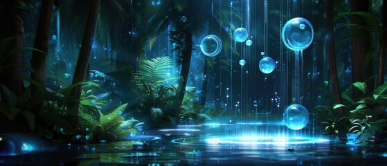 Obraz premium Enchanted Valley: Mystical Landscape with Floating Orbs and Illuminated Flora
