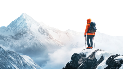 Mountain climber with backpack viewing snow-covered peaks, cut out