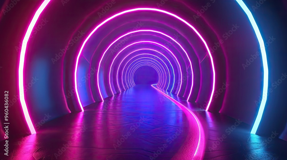 Poster a vibrant futuristic tunnel illuminated by neon pink and blue lights, creating an immersive and dyna