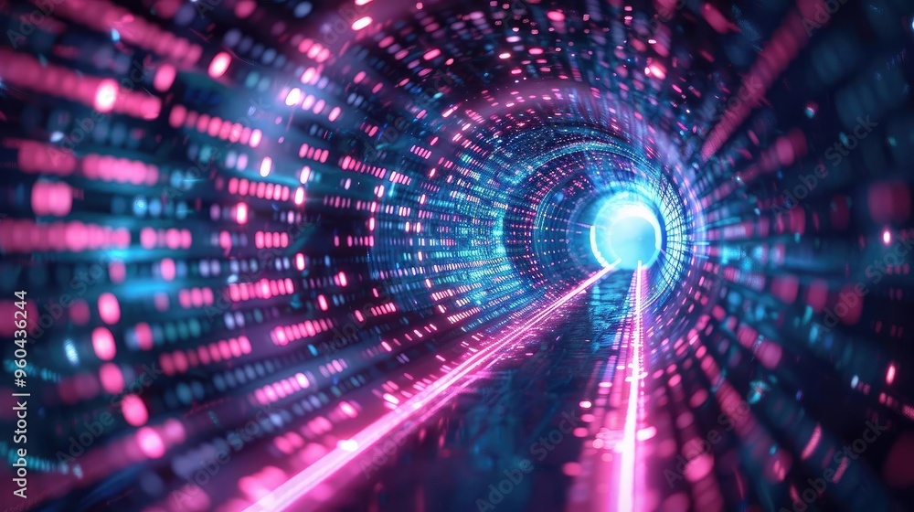 Poster Futuristic tunnel visualization with vibrant lights, representing digital data flow and high-tech exploration.