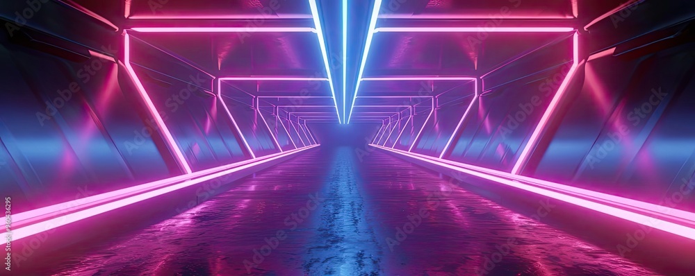 Poster a vibrant neon tunnel with pink and blue lights, creating a futuristic and immersive atmosphere for 