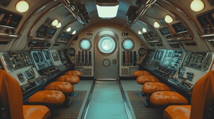 Retro-Futuristic Spaceship Interior: Chrome, Vintage Seating, and Futuristic Controls