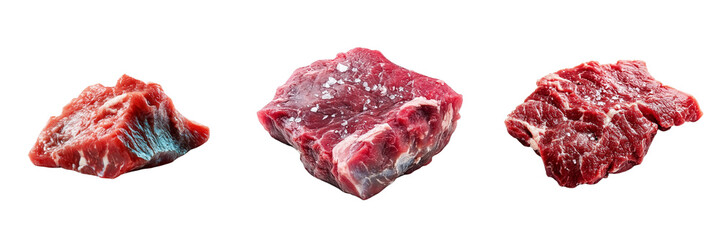 Obraz premium Set of A fresh, raw piece of beef steak seasoned with a sprinkle of black pepper and sea salt, garnished with basil leaves Isolated on Transparent Background