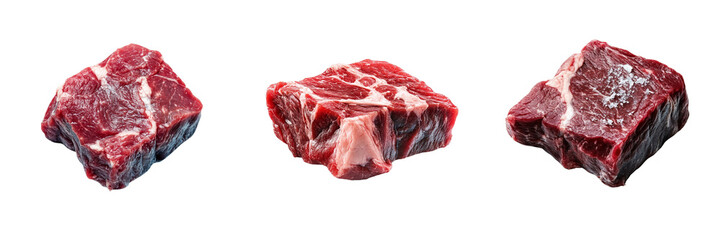 Fototapeta premium Set of A fresh, raw piece of beef steak seasoned with a sprinkle of black pepper and sea salt, garnished with basil leaves Isolated on Transparent Background