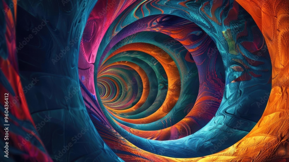 Poster a vibrant, abstract spiral design showcasing colorful waves that draw viewers into a mesmerizing tun
