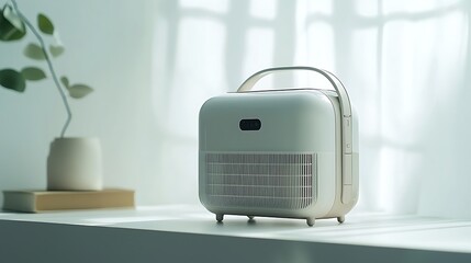 Naklejka premium A sleek modern air purifier sits on a white tabletop, basking in natural light.