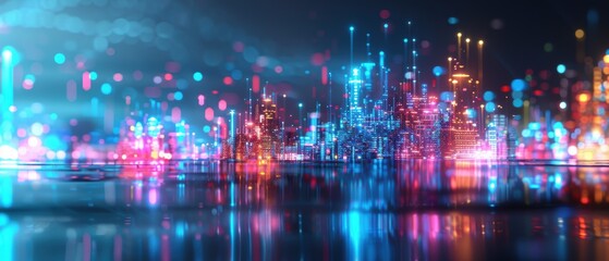 Fototapeta premium Futuristic Cyberpunk Cityscape with Illuminated Skyscrapers and Neon Lights at Night