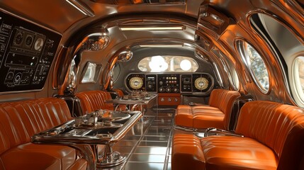 Retro-Futuristic Spacecraft Interior: Chrome, Vintage Seats & Sleek Control Panels
