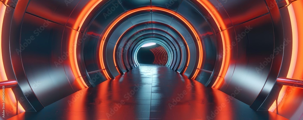 Poster Futuristic tunnel with glowing neon lights, creating an immersive and dynamic atmosphere for science fiction themes.