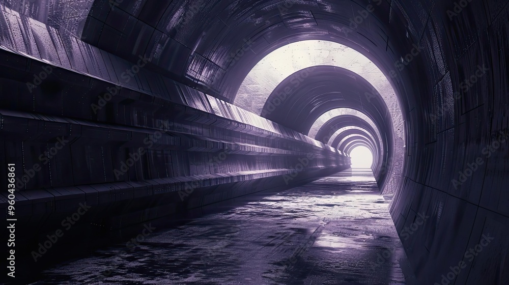Poster Mysterious tunnel with flowing water and soft light at the end, creating an atmospheric vibe of exploration and adventure.