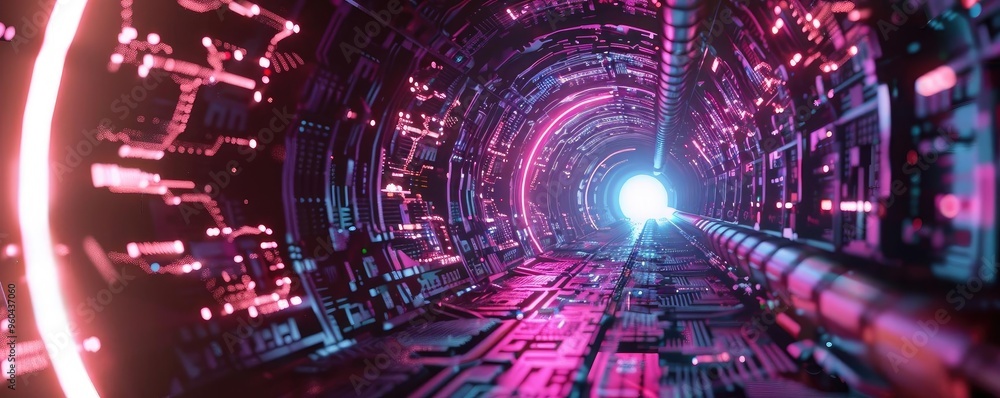 Poster a futuristic tunnel with vibrant neon lights and a glowing end, showcasing advanced technology in a 