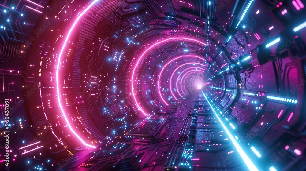 Poster A vibrant, futuristic tunnel illuminated with neon lights and sci-fi aesthetics, creating a mesmerizing visual experience.