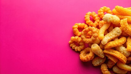 Crispy fried snacks on a vibrant pink background