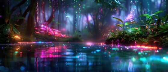 Fototapeta premium Enchanted Realm: Ethereal Landscape with Glowing Rivers and Magical Creatures