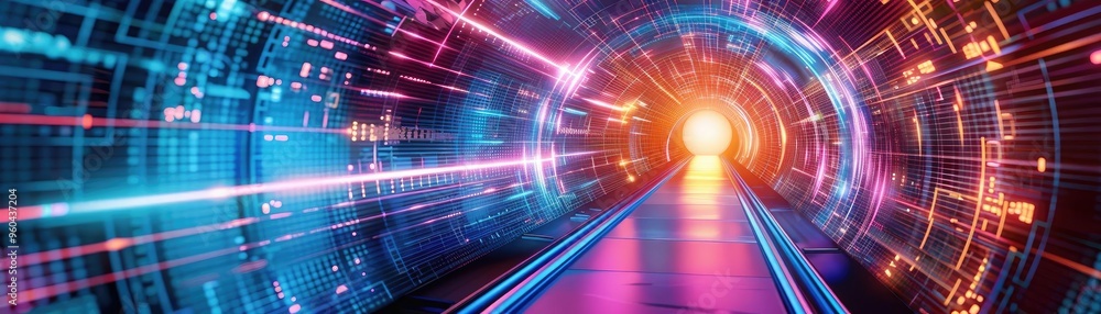 Poster a vibrant, futuristic tunnel with colorful lights and a glowing end, evoking a sense of speed and ad