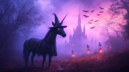 Naklejka premium Dark unicorn in Halloween setting with witch hat glowing eyes bats and castle in the background spooky atmosphere