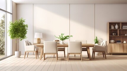 Fototapeta premium Modern dining room with natural light, minimalist decor, and wooden furniture.