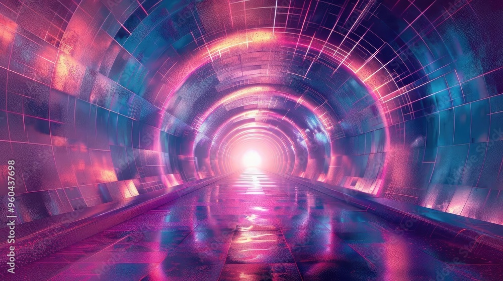 Poster an immersive abstract tunnel glowing with vibrant colors, symbolizing a journey into a futuristic an