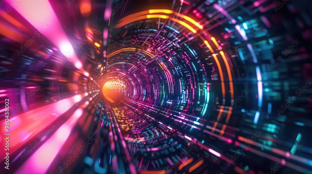 Poster A vibrant tunnel of light and technology, showcasing dynamic colors and futuristic patterns that evoke a sense of speed and motion.