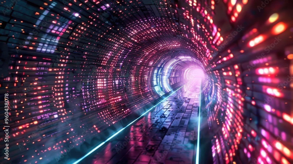 Poster a vibrant digital tunnel illuminated by colorful lights, creating a futuristic and immersive visual 