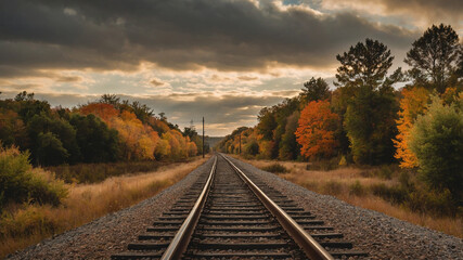 Obraz premium A serene railway track stretches into the horizon, embraced by autumn foliage under a dramatic sky.