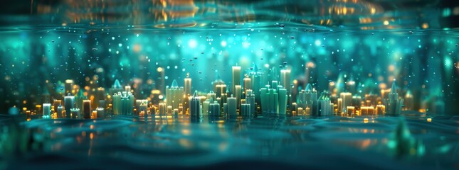 Fototapeta premium Enchanting Underwater Realm: Mystical Ocean with Glowing Waves and Submerged Castles