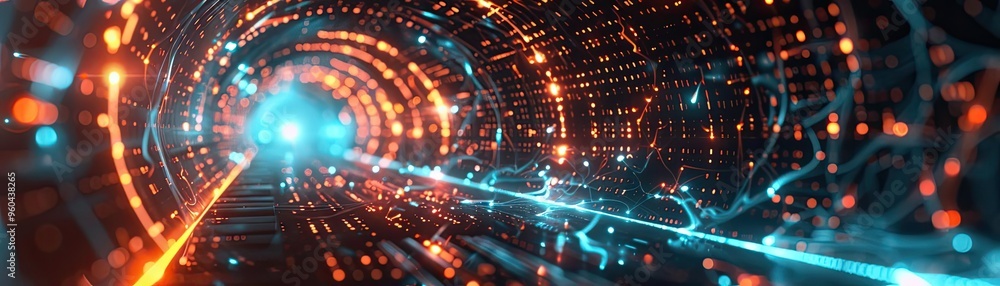 Poster a mesmerizing digital tunnel illuminated by vibrant lights, depicting a futuristic journey through t
