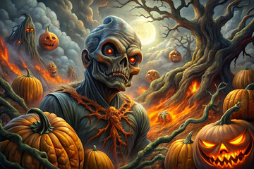 Art, Halloween, Spooky Skull Creature Surrounded by Glowing Pumpkins and a Burning Tree, Super Detailed and Creepy, AI Generation