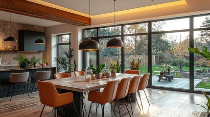 Fototapeta premium Contemporary Elegance: Modern Dining Area with Stylish Chairs and Statement Chandelier