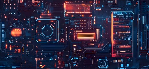 A vector illustration showcasing futuristic technology concepts, such as circuit boards, digital interfaces, and abstract tech patterns.