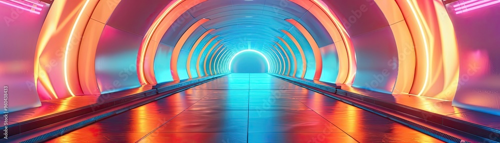 Poster a vibrant futuristic tunnel illuminated by colorful neon lights, creating a captivating atmosphere f
