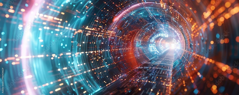 Poster A stunning digital tunnel with vibrant lights and dynamic motion, representing concepts of speed and futuristic travel.