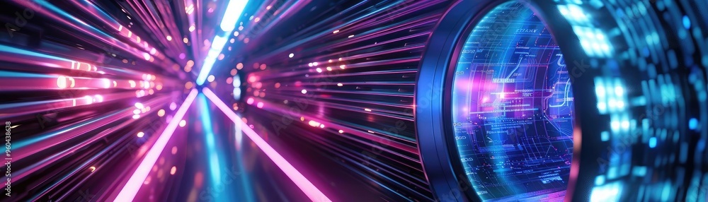 Poster a vibrant burst of colored light beams creating an abstract digital tunnel, perfect for technology o