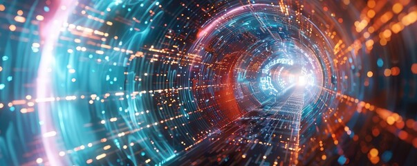 Obraz premium A stunning digital tunnel with vibrant lights and dynamic motion, representing concepts of speed and futuristic travel.