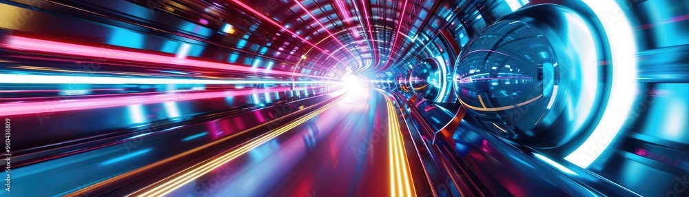 Poster futuristic tunnel with vibrant neon lights, creating a sense of speed and motion. ideal for technolo