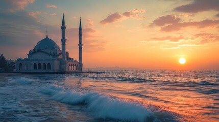 Fototapeta premium A serene mosque by the sea, with the waves gently lapping at its foundation and the sun setting in the background.