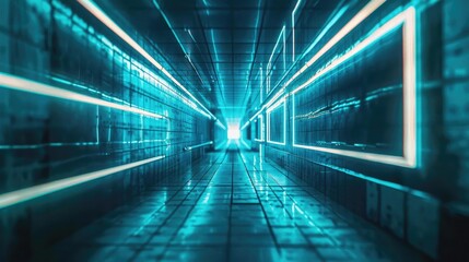 A futuristic corridor illuminated with vibrant blue neon lights, creating a mesmerizing visual experience.