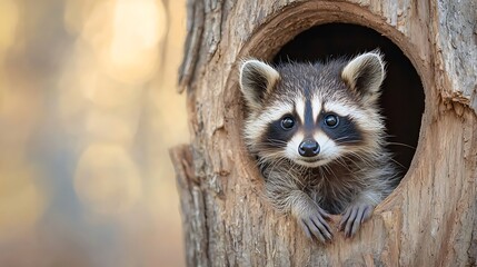 Fototapeta premium A curious raccoon peeks out from a tree hollow, eyes wide with wonder.