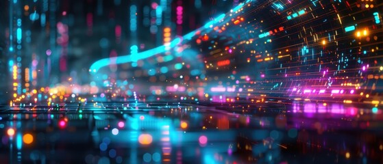 Obraz premium Futuristic Digital Landscape with Floating Data Streams and Neon Lights