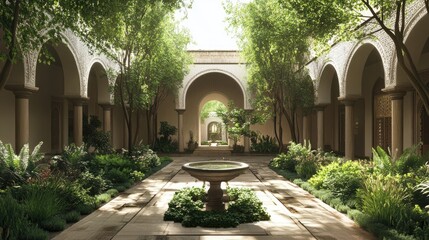 Fototapeta premium A serene mosque courtyard with lush greenery and a central fountain, exuding peace and tranquility.